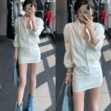 Рубашка, летняя модная сексуальная мини-юбка, с акцентом на бедрах