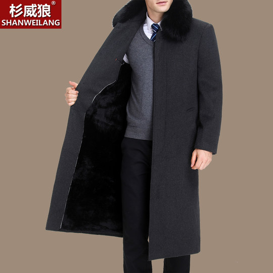 Abrigo de lana grueso de invierno de piel de zorro para hombre, abrigo largo hasta la rodilla, cortavientos, abrigo de lana para papá de mediana edad y ancianos