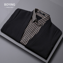 Autumn Winter New Knit Cardiovert Mens Shirt Collar Fake two jacket stripes to wear out of pocket sweater male