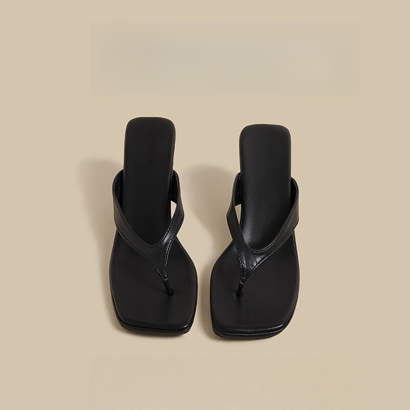 British Genuine Leather Square-Toe Stiletto Flip-Flops for Women, Summer 2026 New Style, Black Elegant High-Heeled Sandals