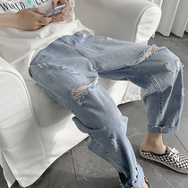 Beggar pants mens summer ins thin nine-point pants tide brand summer perforated jeans mens new loose straight tube