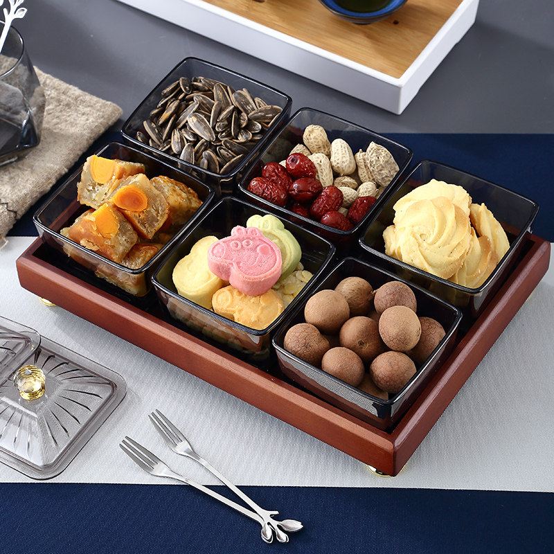 Creative fruit tray Zero food tray Chinese style covered living room Home high-end Lattice Dry Fruit Pan Glass Snack Pan Candy Tray