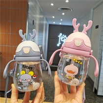 New Deer Corner Childrens Straw Cup Baby Meshing Gravity Ball Handle School Drinking Cup Cartoon Harness Dual-use Kettle