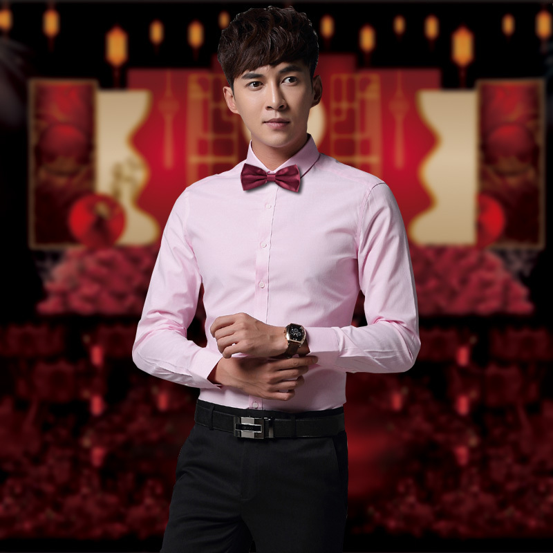 Groom and Groomsmen Wedding Shirts Men's Long-Sleeved Wedding Suits Slim Business Formal Wear Pink Engagement Shirts Short-Sleeved Summer
