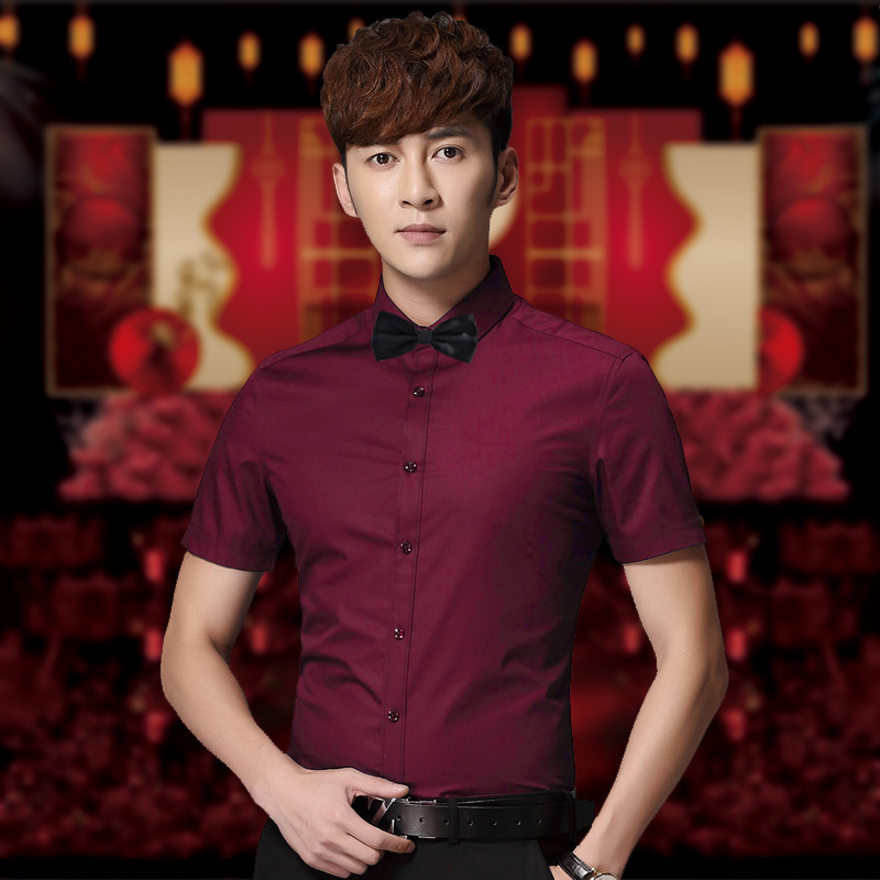 Summer Wedding Short-Sleeved Shirt for Men, Business Formal Wear, Groom, Best Man, Professional Workwear, Dad, Ice Silk, Non-Iron White Shirt, Red