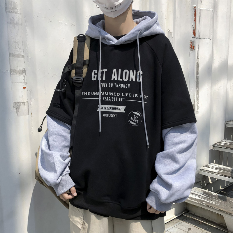 Fake two hooded sweatshirts boys spring and autumn Korean version of the trend les handsome t loose ins Port wind super fire couple outfit