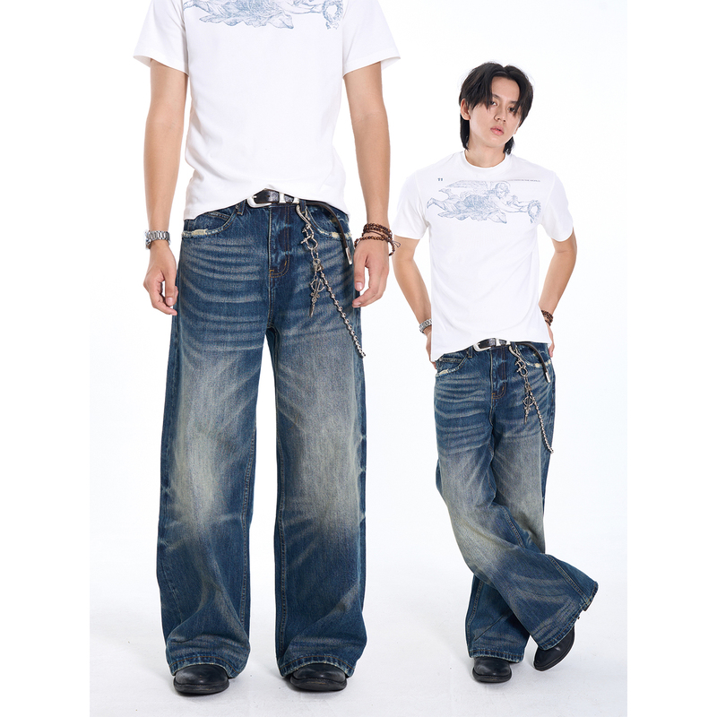 Snug'High-End Line' Nevada Washed Vintage Dark Blue Jeans Loose Straight Baggy Pants