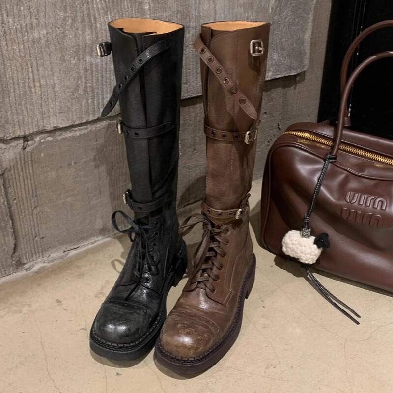 Imported Cowhide ~ Amiu Genuine Leather Autumn and Winter Boots, Stylish Belt Buckle, Retro Chunky Heel, Thick-Soled Long Knight Boots for Women Imported Cowhide ~ Amiu Genuine Leather Autumn and Winter Boots, Stylish Belt Buckle, Retro Chunky Heel, Thick-Soled Long Knight Boots for Women