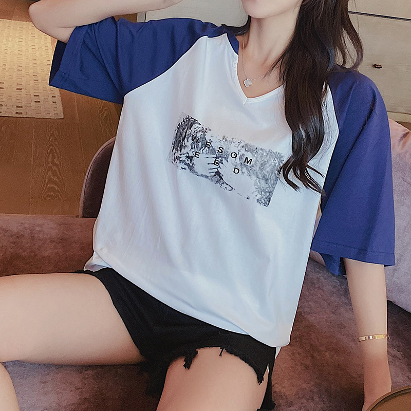 Large size pure cotton fat mm loose colour V-collar shoulder short sleeve t shirt covered fat sister apparently thin half-sleeve coat tide