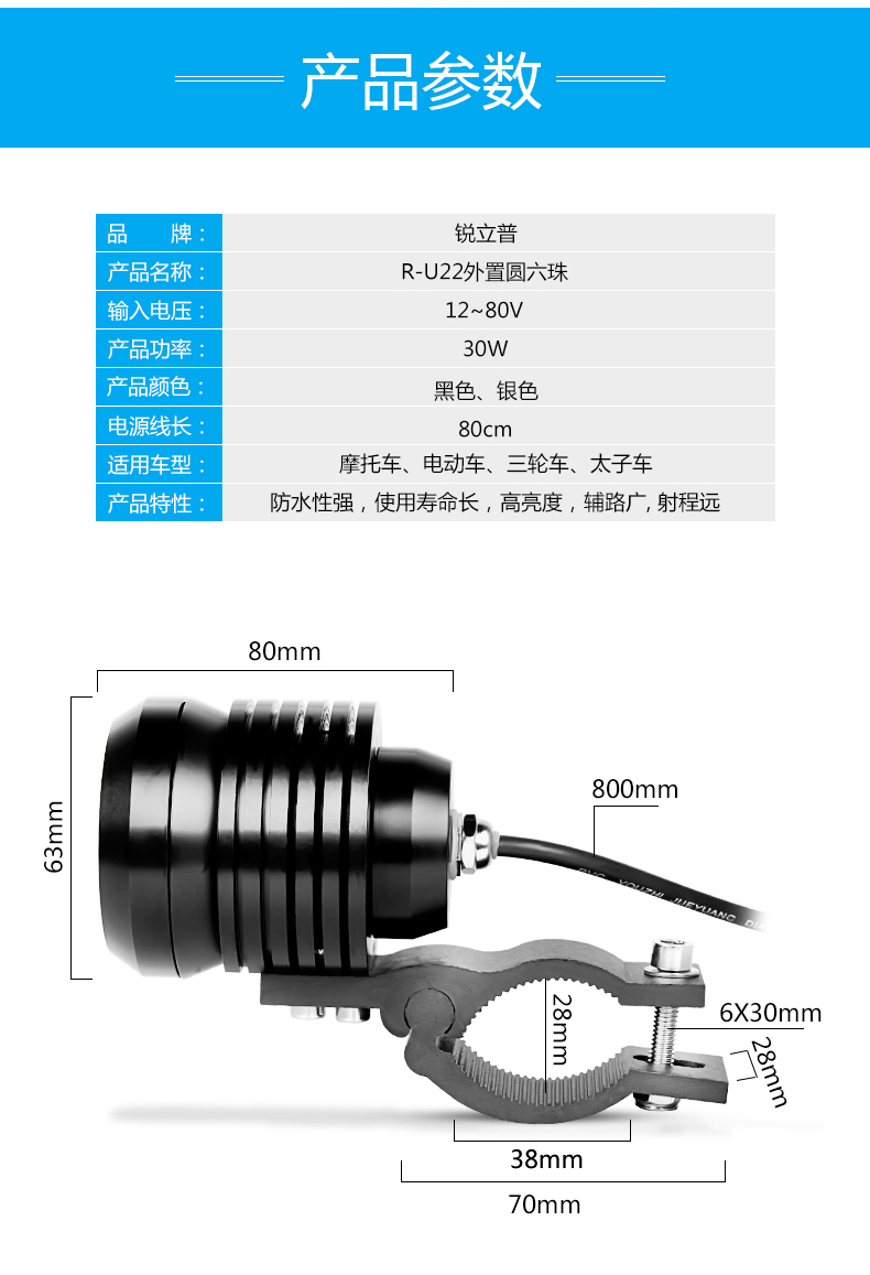 Rui Lipu xe máy Điện rogue đèn spotlight đèn pha đèn pin bên ngoài led đèn pha sửa đổi