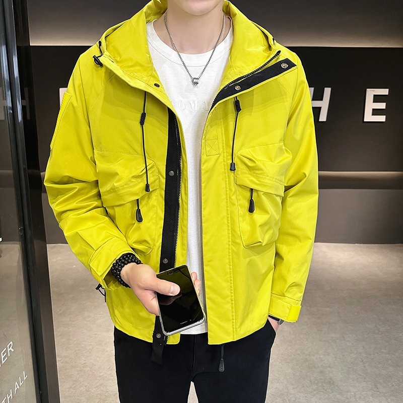 Lemon Yellow Handsome Outdoor Jacket for Men, High-End Style, Suitable for Travel in Sichuan, Hardshell Hooded Jacket, Workwear Top
