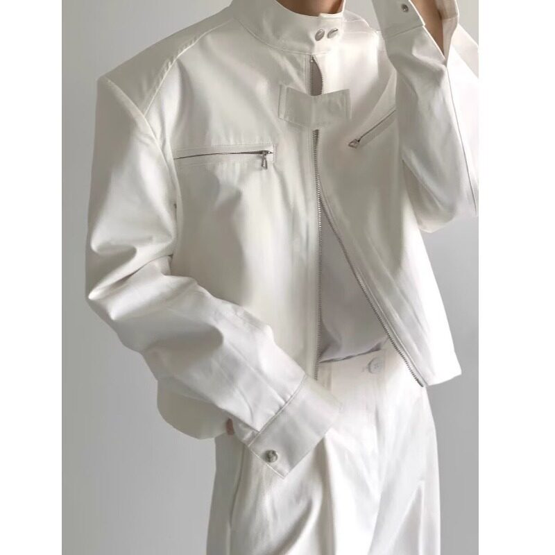 High-End White Short Stand-Collar Padded Shoulder Jacket for Men, Autumn and Winter Korean Style Trendy Brand Light Cavalry Motorcycle Jacket High-End White Short Stand-Collar Padded Shoulder Jacket for Men, Autumn and Winter Korean Style Trendy Brand Light Cavalry Motorcycle Jacket