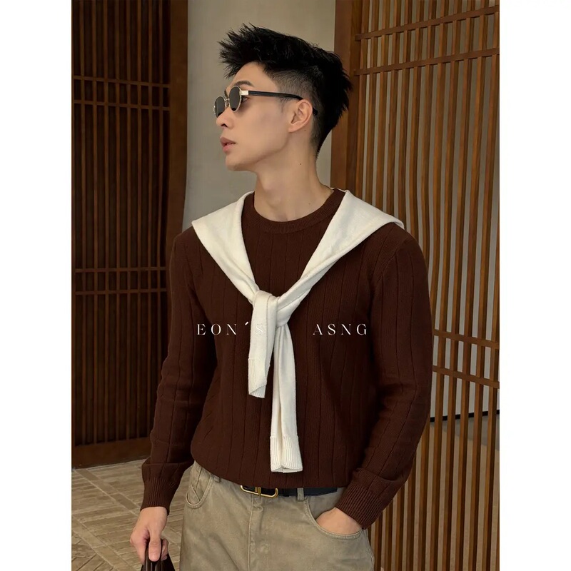 Old Money Style Brown Coffee Color Vertical Ribbed Knit Crew Neck Men's Sweater Autumn Melard Color Series Base Layer Top