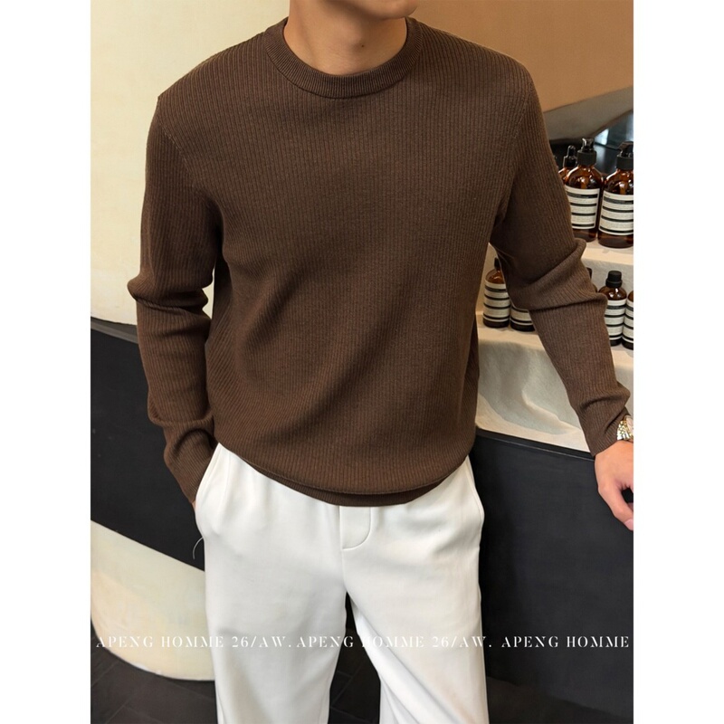 Men's Autumn High-End Slim-Fit Round-Neck Sweater in Melard Coffee Color, Warm Knit Base Layer