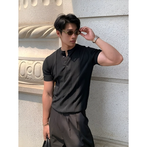 Черная трикотажная летняя футболка с коротким рукавом, футболка polo, изысканный стиль