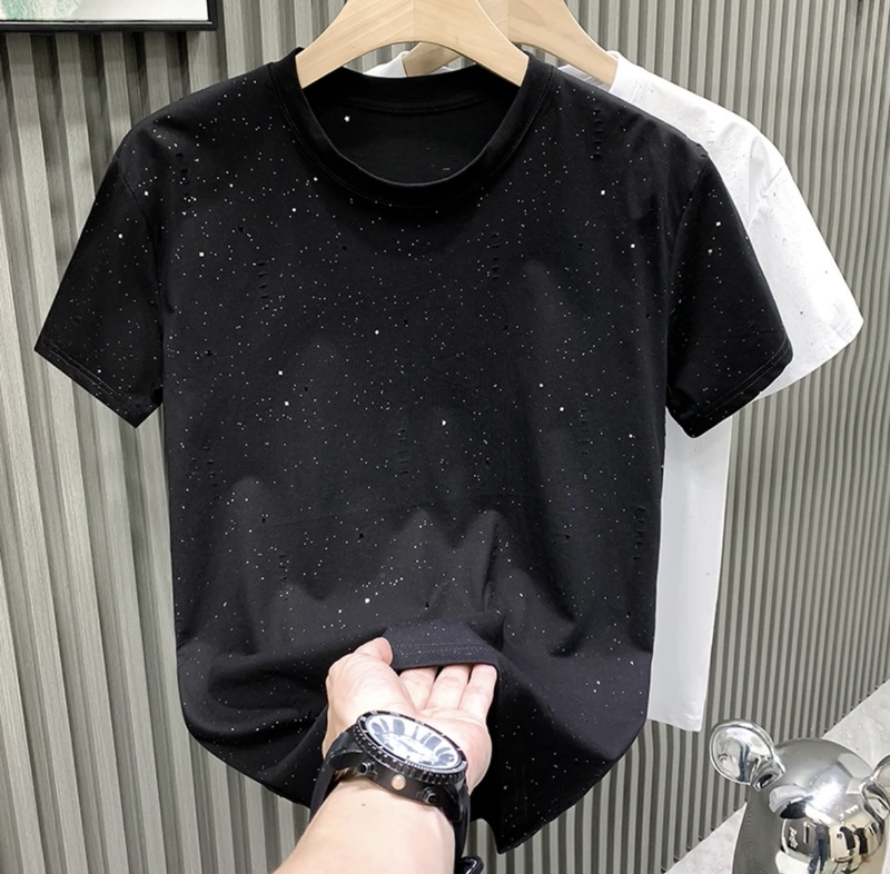 Black Starry Sky Rhinestone Short-Sleeve T-Shirt with a High-End Vibe, Stylish Men's Trendy Brand Full Star Pattern, Pure Cotton Half-Sleeve Regular Shoulder Fit T-Shirt Black Starry Sky Rhinestone Short-Sleeve T-Shirt with a High-End Vibe, Stylish Men's Trendy Brand Full Star Pattern, Pure Cotton Half-Sleeve Regular Shoulder Fit T-Shirt