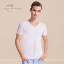 Spring Summer new short sleeves T-shirt mens pure white Modale no-mark V collar bottom shirt wearing black and body blouse