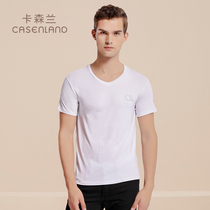 Kassenland mens ice silk short sleeve t-shirt Modale lingerie beating undershirt summer pure white v collar with half sleeve blouse