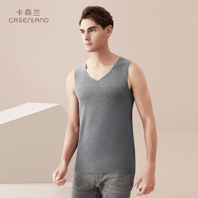 Carsonlan mulberry silk seamless thermal vest men's V-neck plus velvet thick single-piece top bottoming winter vest