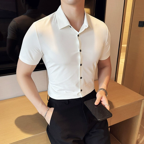 Шелковая тонкая летняя высокая эластичная рубашка, облегающий крой, изысканный стиль