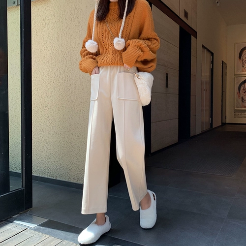 Шерстяные демисезонные штаны, 2019, высокая талия, оверсайз, увеличенная толщина, свободный прямой крой