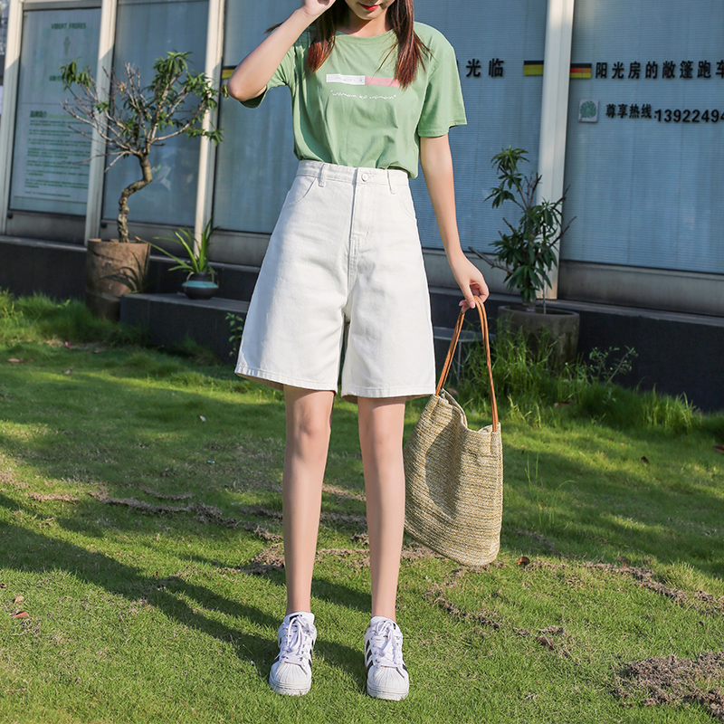 White shorts five-point pants jeans women's summer 2020 new loose straight tube Hong Kong taste tide high waist thin five-point pants