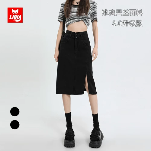 Черная летняя приталенная джинсовая юбка, высокая талия, А-силуэт