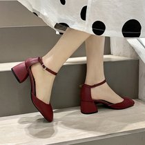 2021 Spring New Square head thick heel single shoes womens Baotou vintage fairy sandals with buckle gentle high heels