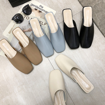 2021 new spring and summer square head retro milk shoes bag head cool slippers Korean version flat lazy half slippers women wear