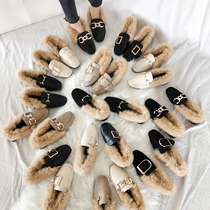 Hairy shoes womens winter wear 2021 Autumn New Net red flat all-over single shoes a pedal plus Velvet Bean shoes