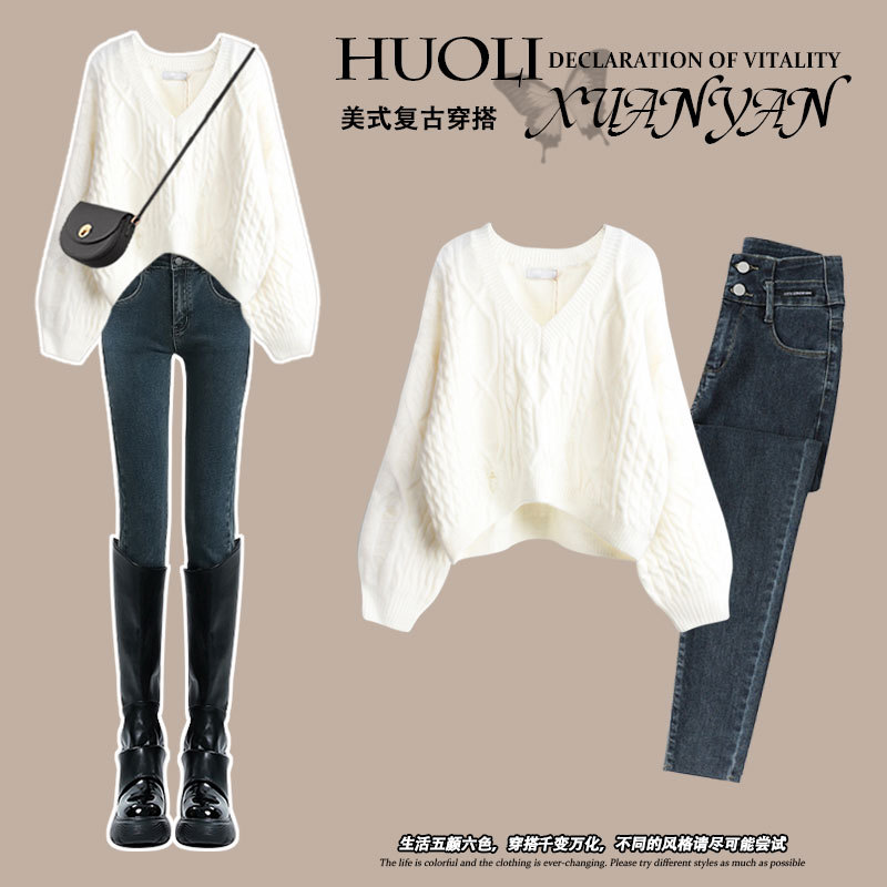 Korean Style Spring Outfit, Lazy White V-Neck Sweater for Women, Very Beautiful Spring Outfit, Complete Set of Outerwear Knitted Top
