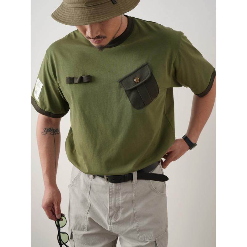 Xccc Fishbone 300g American-Style Heavy Cotton Button-Up Accordion Pocket Color-Blocked Rugged Jungle Short-Sleeve T-Shirt