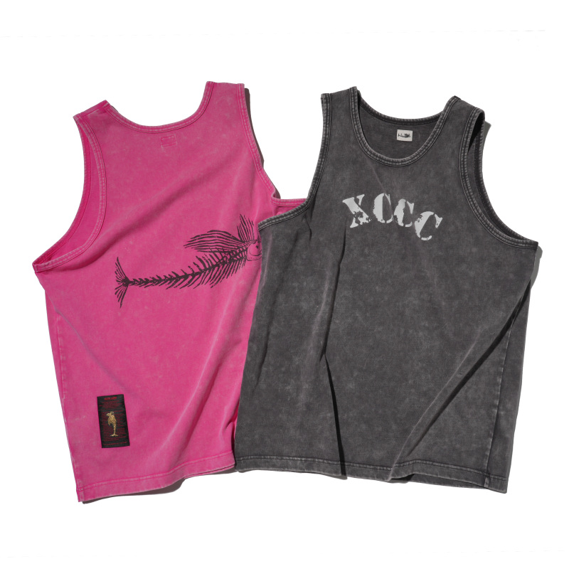 Xccc Fishbone Loose Fit 300g Heavyweight Pure Cotton Salt-Washed Vintage Summer Casual Retro Printed Tank Top for Men