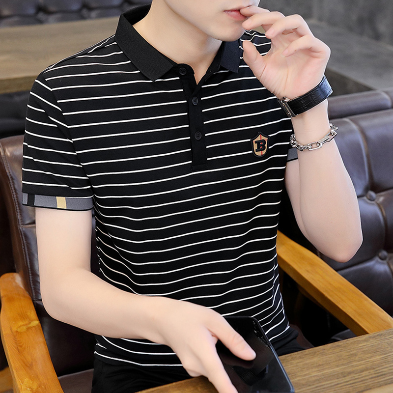 Striped Short-Sleeve T-Shirt for Men, Summer Trendy Brand ins Versatile Men's Clothing, Pure Cotton Polo Shirt with Collar, Ice Silk Half-Sleeve Top Striped Short-Sleeve T-Shirt for Men, Summer Trendy Brand ins Versatile Men's Clothing, Pure Cotton Polo Shirt with Collar, Ice Silk Half-Sleeve Top