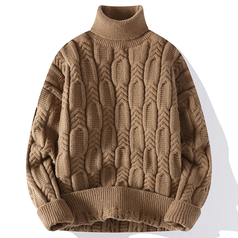 High-Neck Cable Knit Sweater for Men, Autumn and Winter, Thickened, Loose, Casual Style, Warm Inner Layer, Base Knitwear
