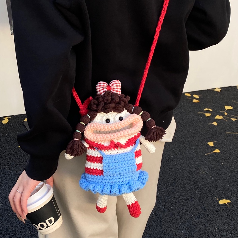 Cute Cartoon Big-Mouthed Girl Phone Bag Handmade DIY Knitted Yarn Bag Knitted Crossbody Bag Finished Product Creative Gift