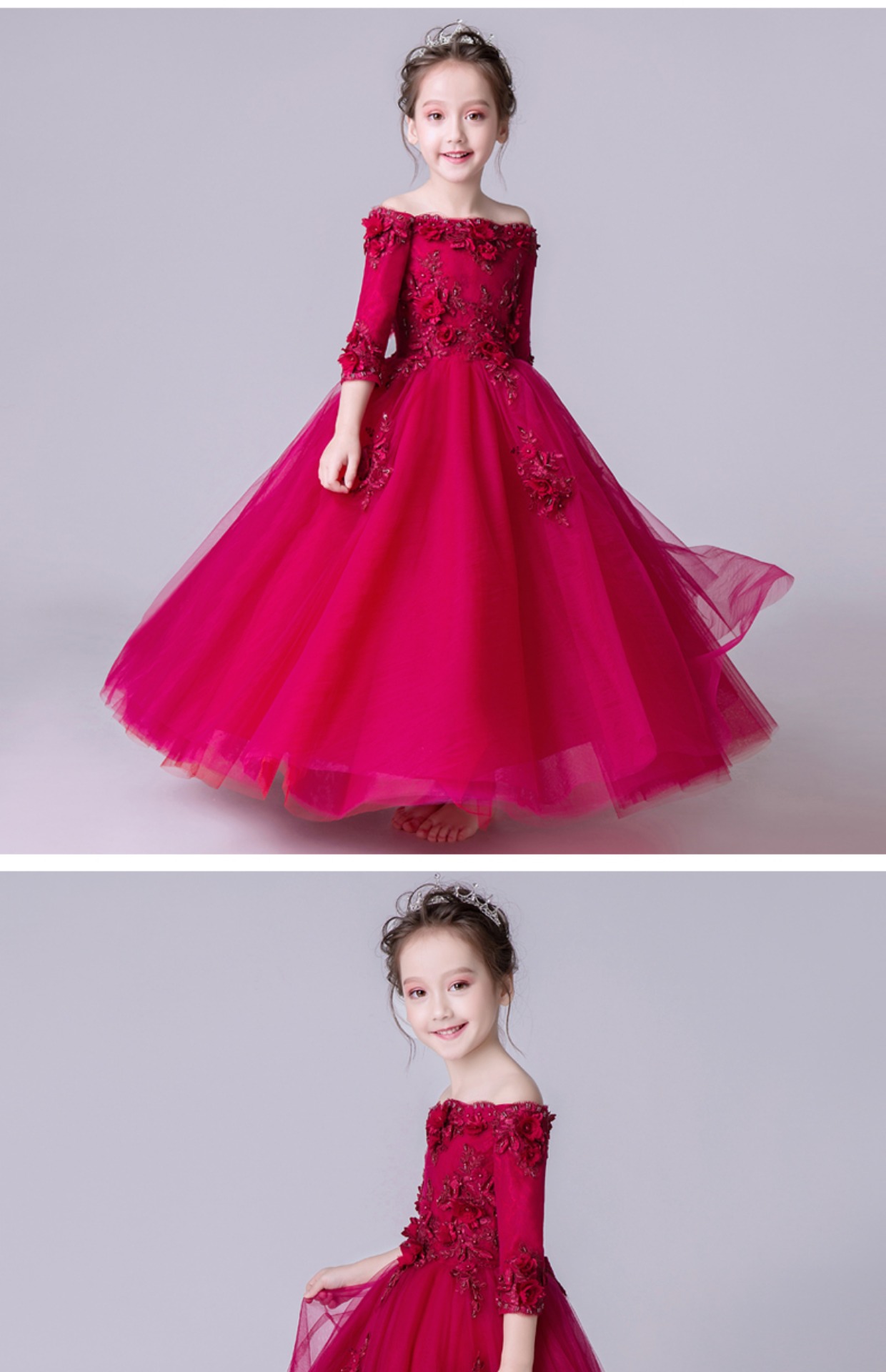 Trang phục dạ hội trẻ em váy công chúa hoa cô gái người mẫu trình diễn catwalk trình diễn fluffy váy đỏ cô gái trang phục piano mùa thu vest bé trai model hàn quốc