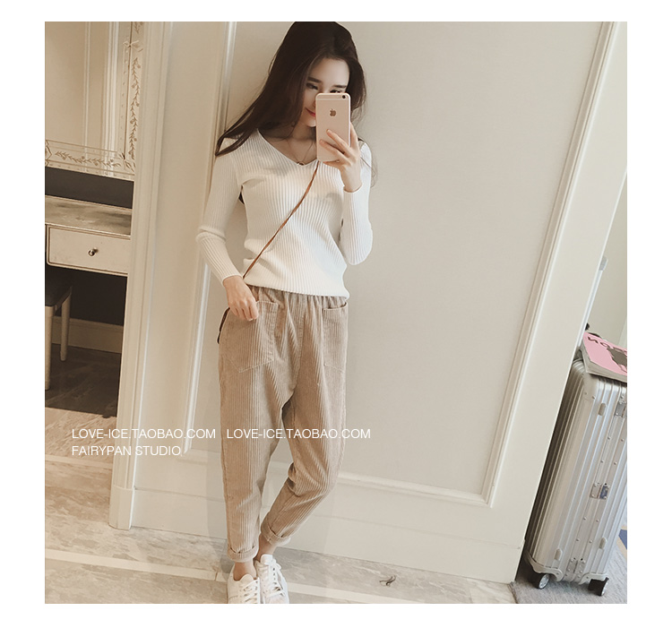 Quần nhung kẻ mùa thu đông cộng với quần nhung harem 2018 phiên bản Hàn Quốc mới của quần ống rộng chân cà rốt quần nhung kẻ sọc quần nữ các kiểu quần nữ đẹp