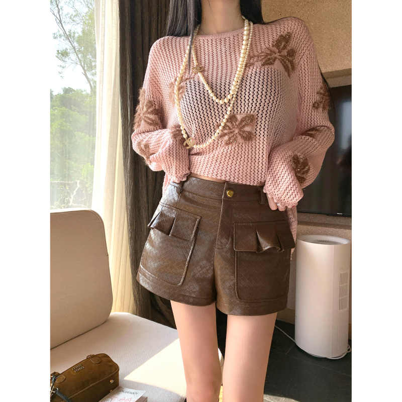 Barb Chill Long-Leg Code'Retro Maillard Style' Design Double-Pocket Pu Leather Shorts for Women in Autumn