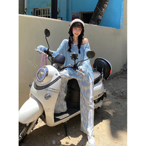 Spot Barbie tie-dyed fairy pants womens summer thin blue pleated wide leg pants design sense drag floor pants