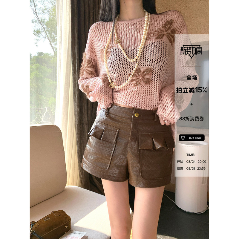 Barb Chill Long-Leg Code'Retro Maillard Style' Design Double-Pocket Pu Leather Shorts for Women in Autumn