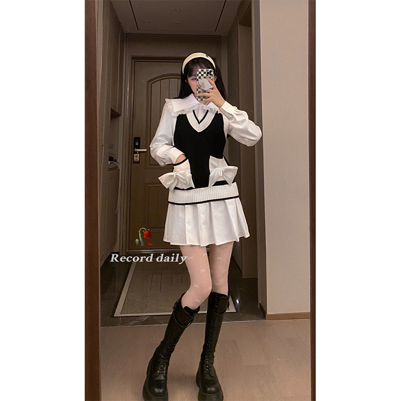 Barbie Aunt College Wind shirt Libra dress Girls spring knit Machia small fragrant wind suit Peppleskirt Two sets-Taobao