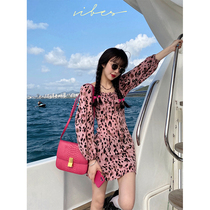 Spot Barbie pink BAO WEN square collar dress spring long sleeve high waist waist slim a skirt