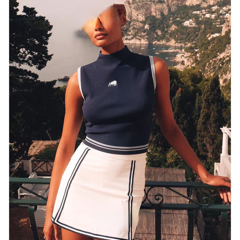 Korean Golf Clothing for Women, Knitted Half-High Collar Vest, Slim Fit, Quick-Drying Sports Skirt Suit