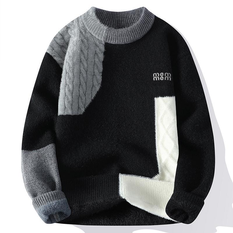 Men's Fleece-Lined Crew Neck Sweater for Autumn and Winter, Color-Blocked Base Knitwear, Thickened and Warm Winter Knit Shirt