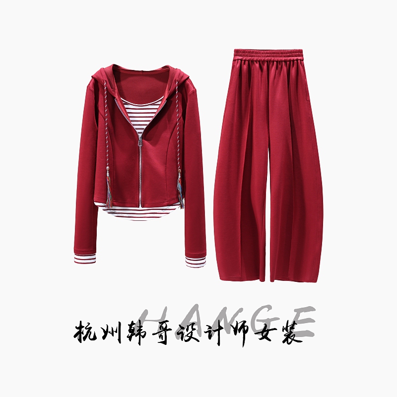 【Han Ge European Women's Clothing】2026 Spring Soft Cotton Gentle Style “Anchor Red” Fake Two-Piece Set 260220