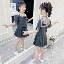 Girls summer clothes 2021 new childrens clothing foreign air mesh red short dress suit CUHK child summer short sleeve two sets of damp