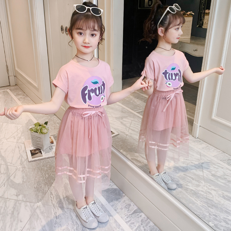 Girl's summer clothing suit 2021 new Korean version of the Korean Cartoon Cartoon Cartoon Two Sets Little Girl Short Sleeves Dresses Dresses Dresses