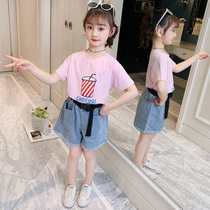 Girl Suit 2021 Summer Dress New Children Foreign Air Korean Version Pure Cotton Denim Shorts Little Girl Summer Two Sets