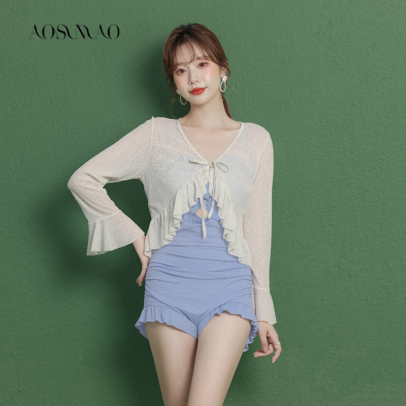 One-piece swimsuit women conservatively cover the belly and show thin 2022 new hot spring small chest long-sleeved boxer meat-covering swimwear